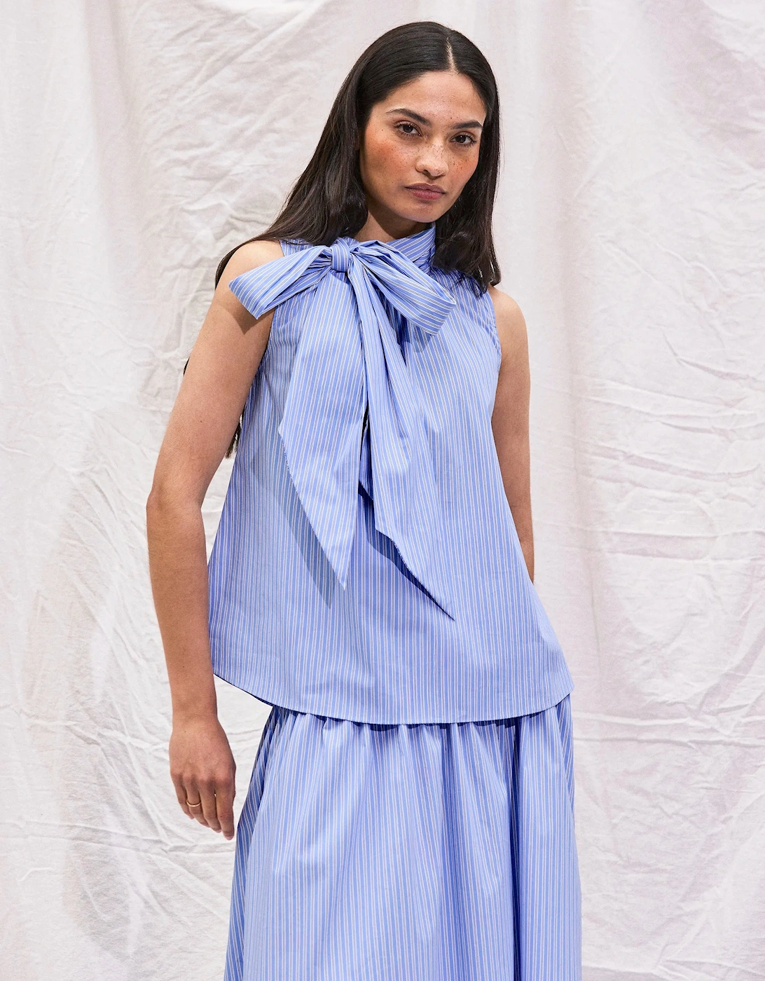 Blue Striped Bow-Detail Sleeveless Blouse