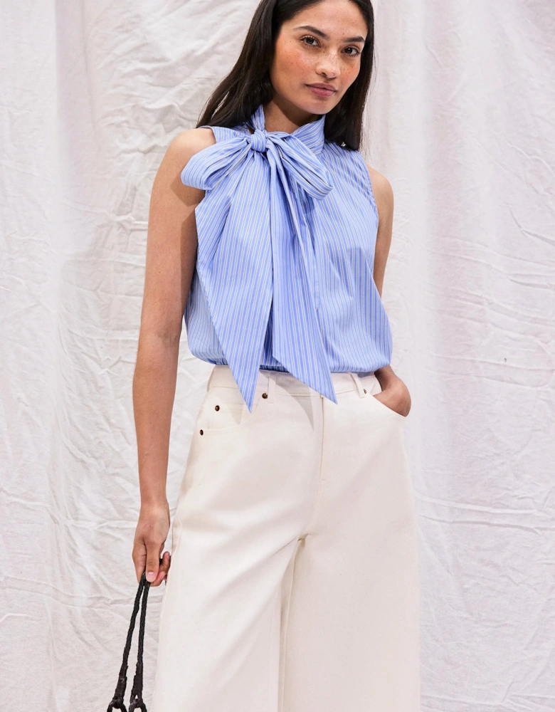 Blue Striped Bow-Detail Sleeveless Blouse