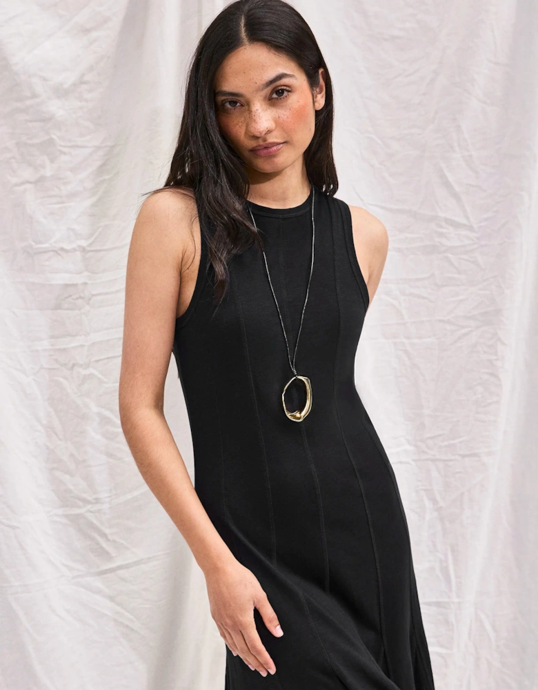 Black Slub Jersey Seam Detail Midi Dress