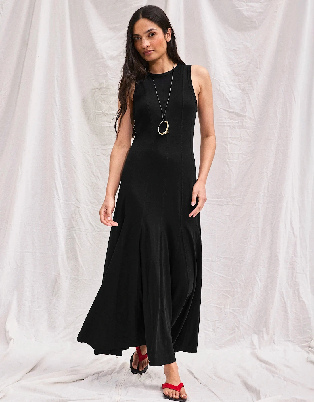 Black Slub Jersey Seam Detail Midi Dress