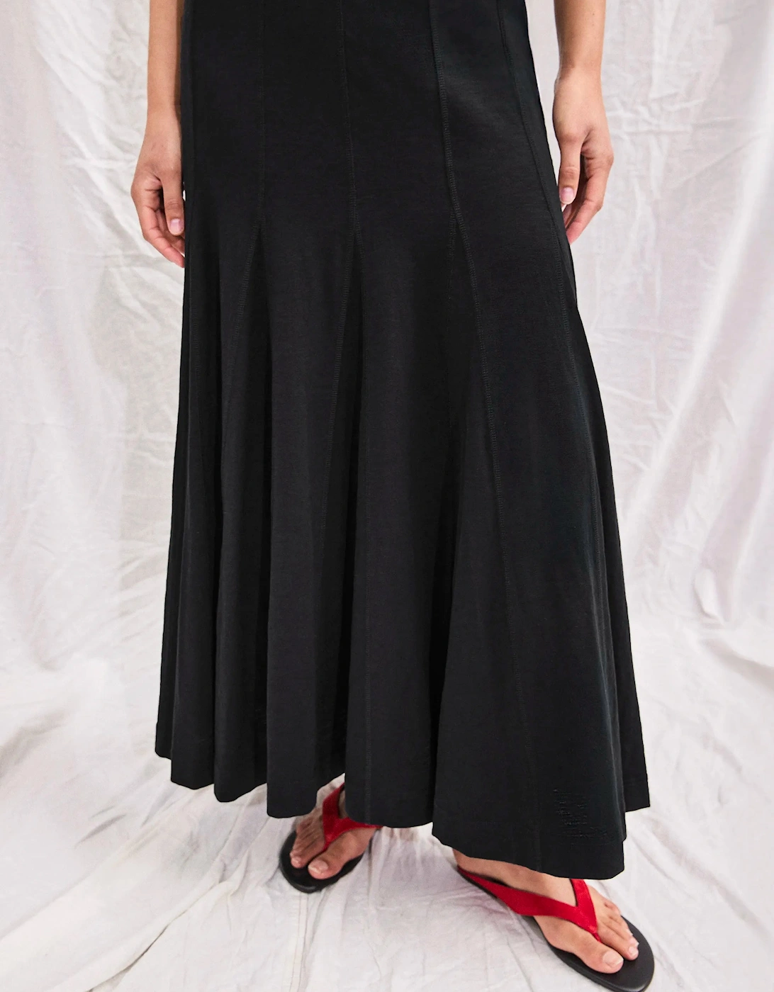Black Slub Jersey Seam Detail Midi Dress