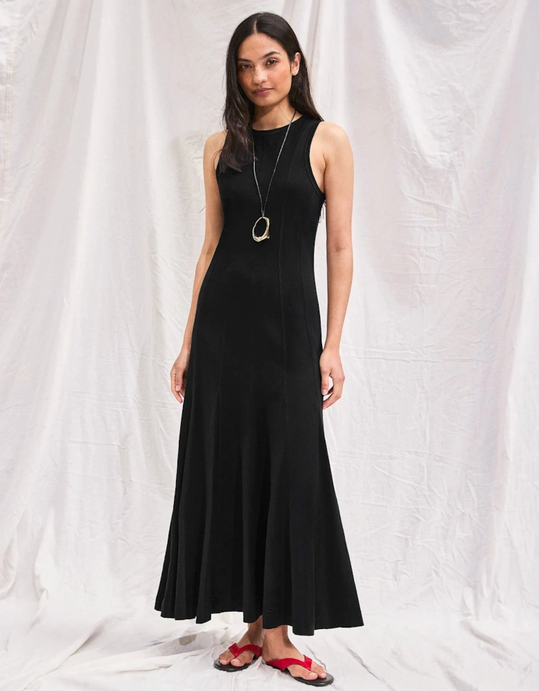 Black Slub Jersey Seam Detail Midi Dress
