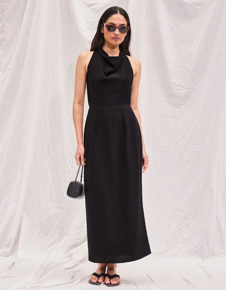 Black Linen-Blend Cowl-Neck Midi Dress
