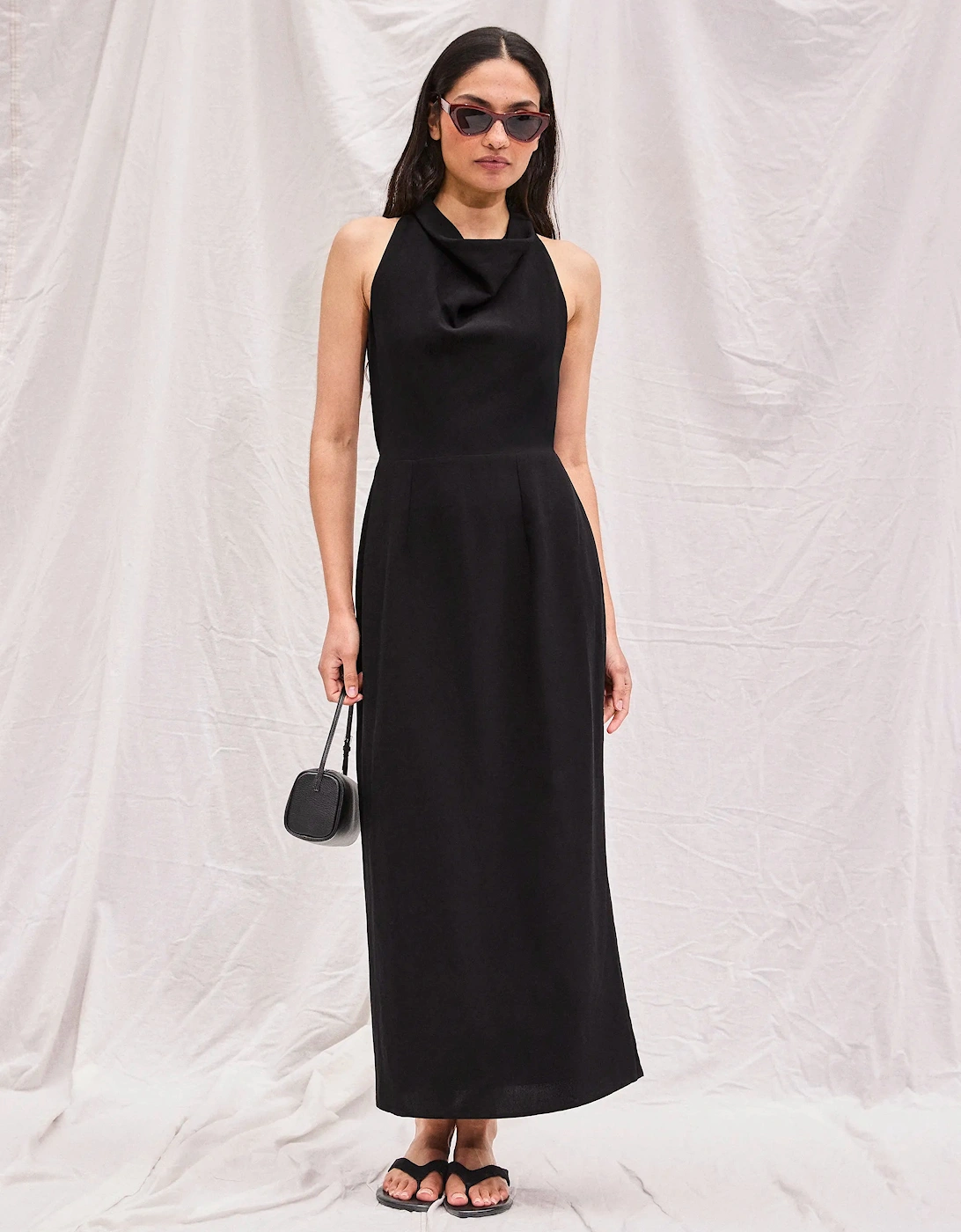 Black Linen-Blend Cowl-Neck Midi Dress
