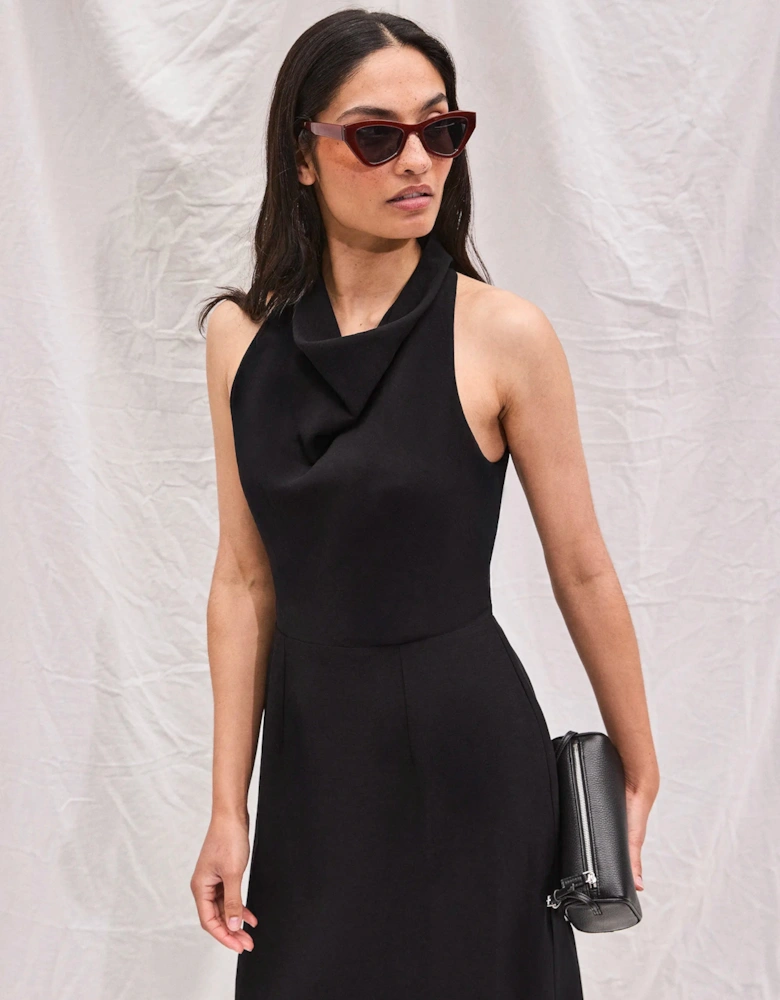 Black Linen-Blend Cowl-Neck Midi Dress