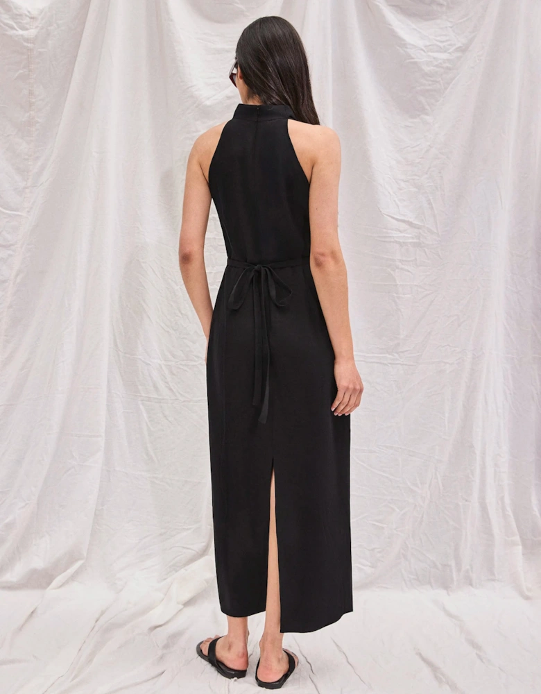 Black Linen-Blend Cowl-Neck Midi Dress