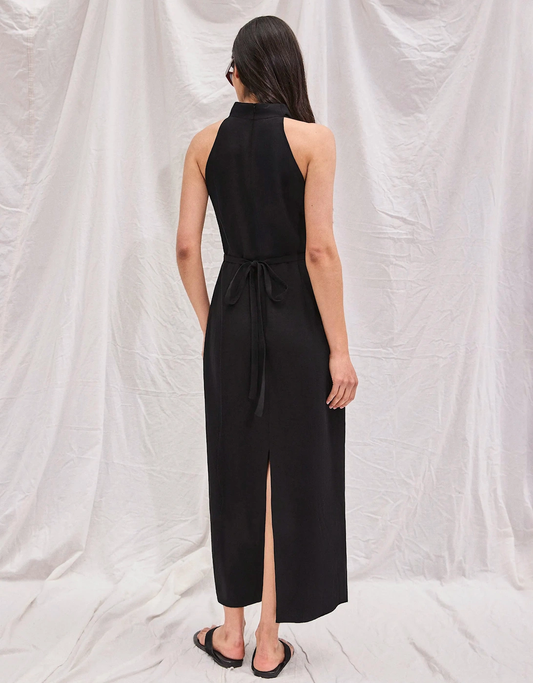 Black Linen-Blend Cowl-Neck Midi Dress