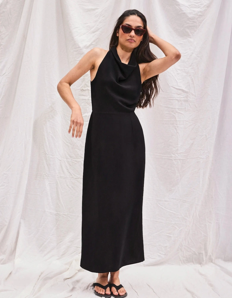 Black Linen-Blend Cowl-Neck Midi Dress