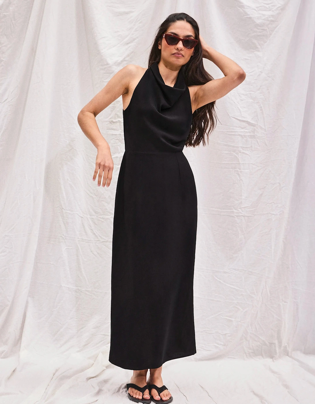 Black Linen-Blend Cowl-Neck Midi Dress