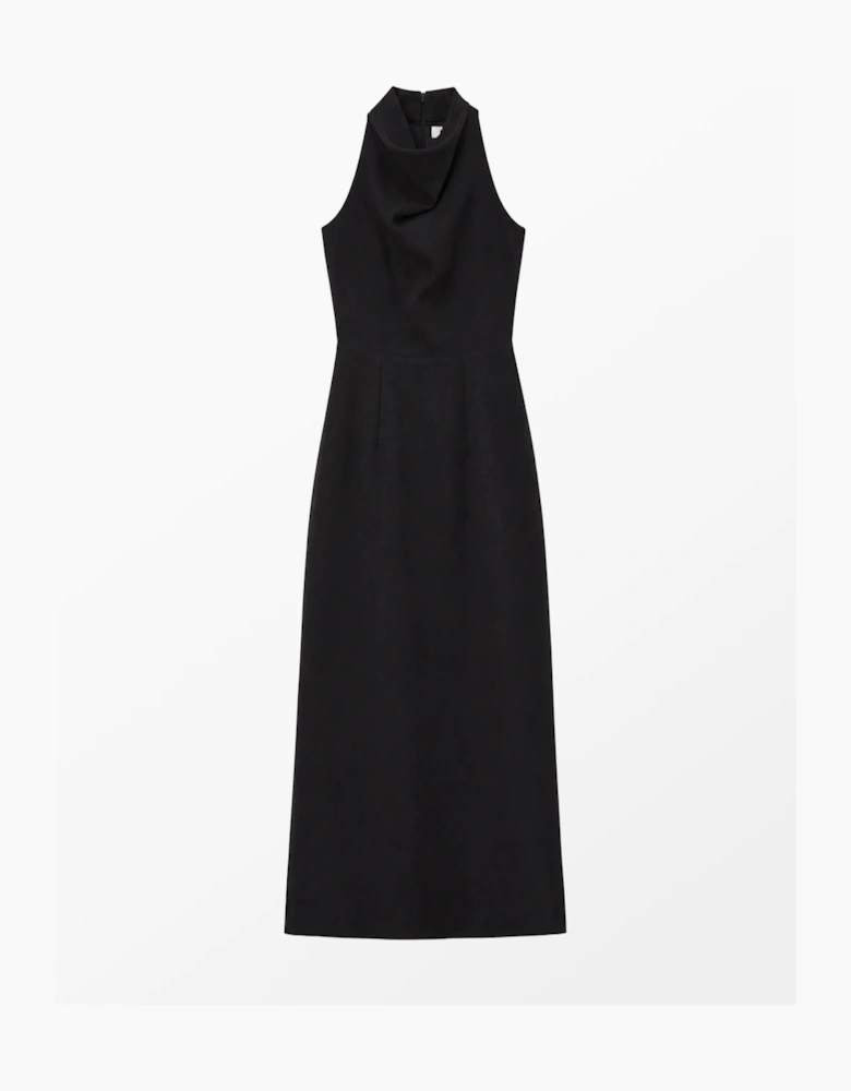 Black Linen-Blend Cowl-Neck Midi Dress