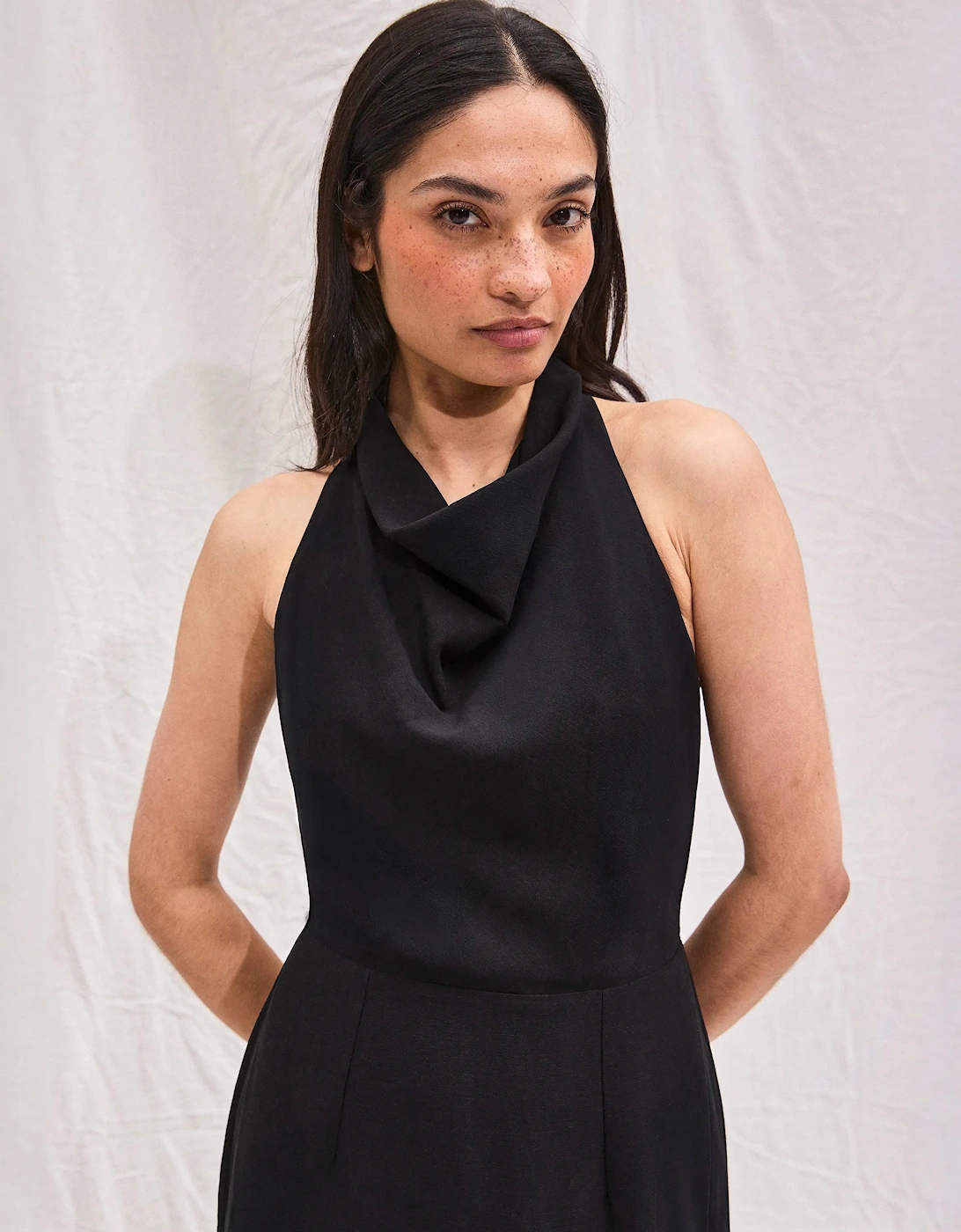Black Linen-Blend Cowl-Neck Midi Dress