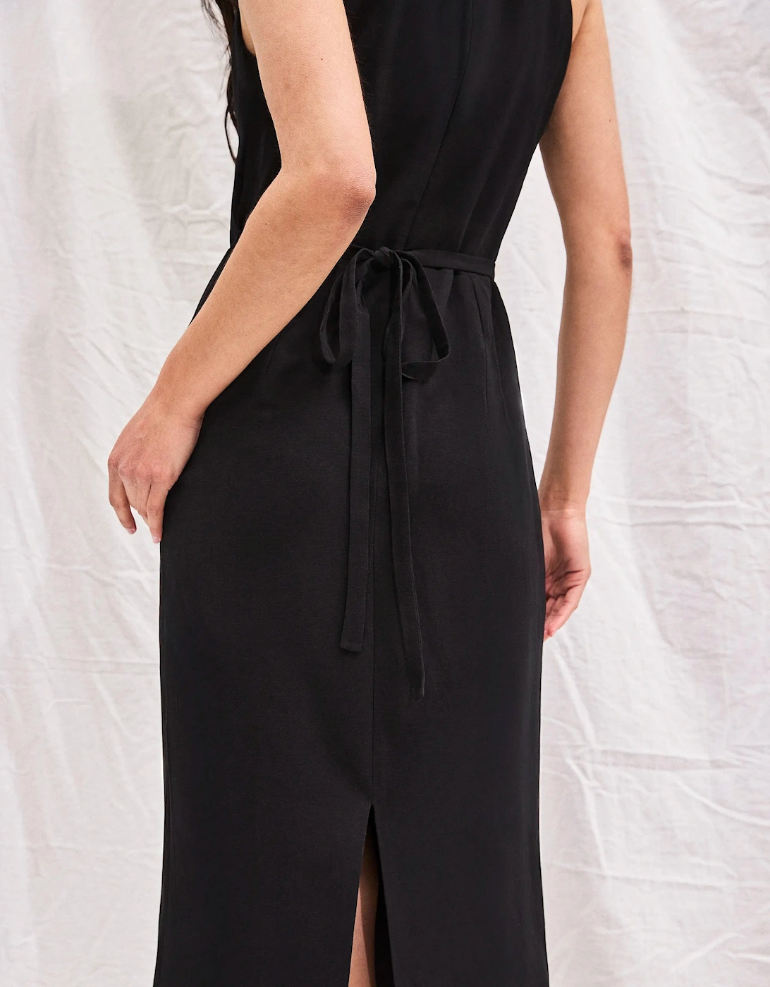 Black Linen-Blend Cowl-Neck Midi Dress