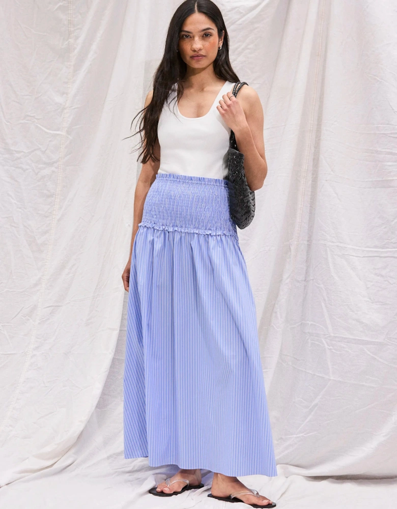 Blue Striped Shirred-Waist Skirt