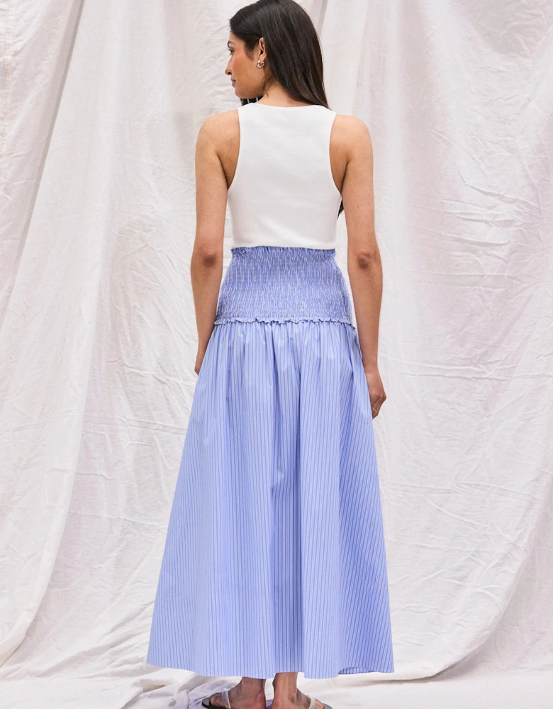 Blue Striped Shirred-Waist Skirt