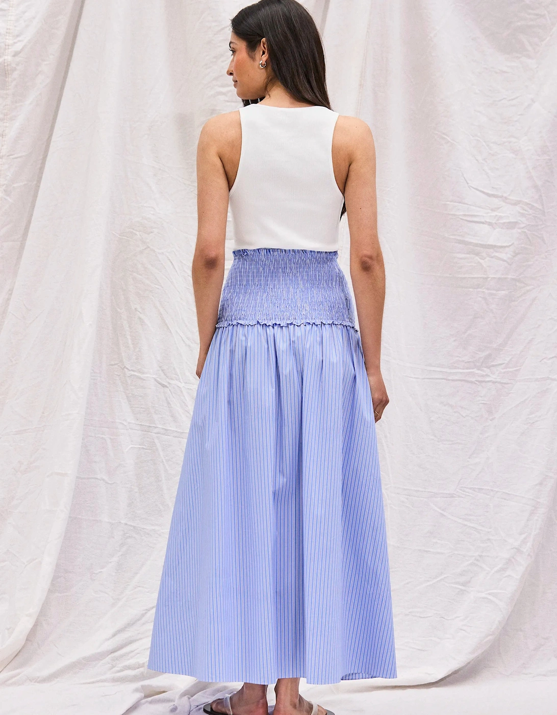 Blue Striped Shirred-Waist Skirt