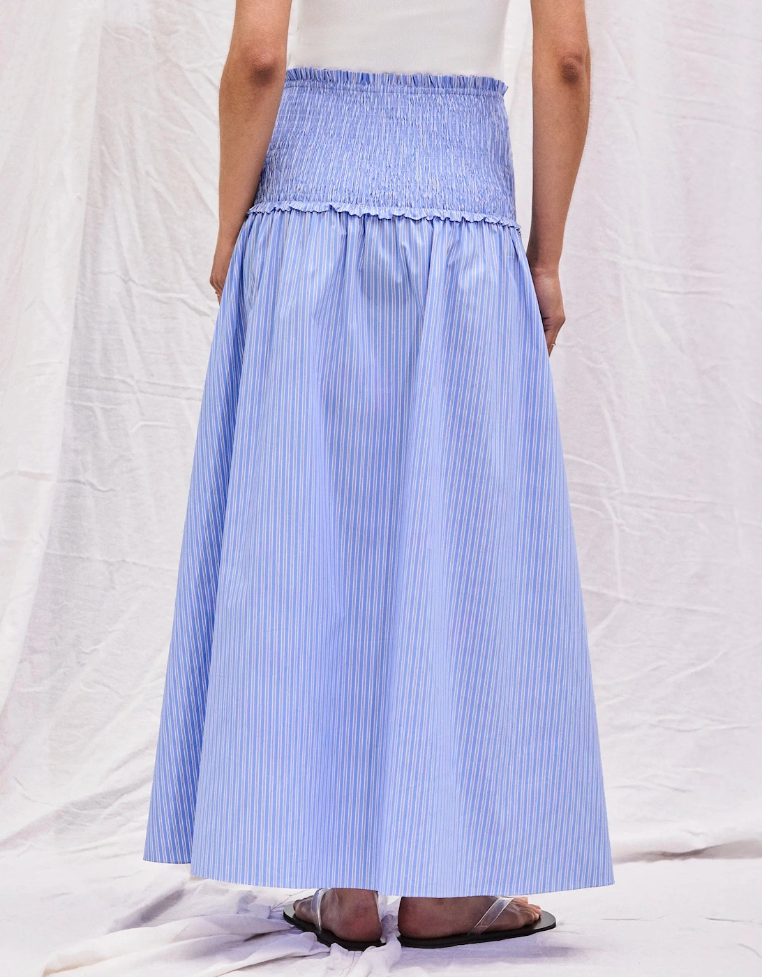 Blue Striped Shirred-Waist Skirt