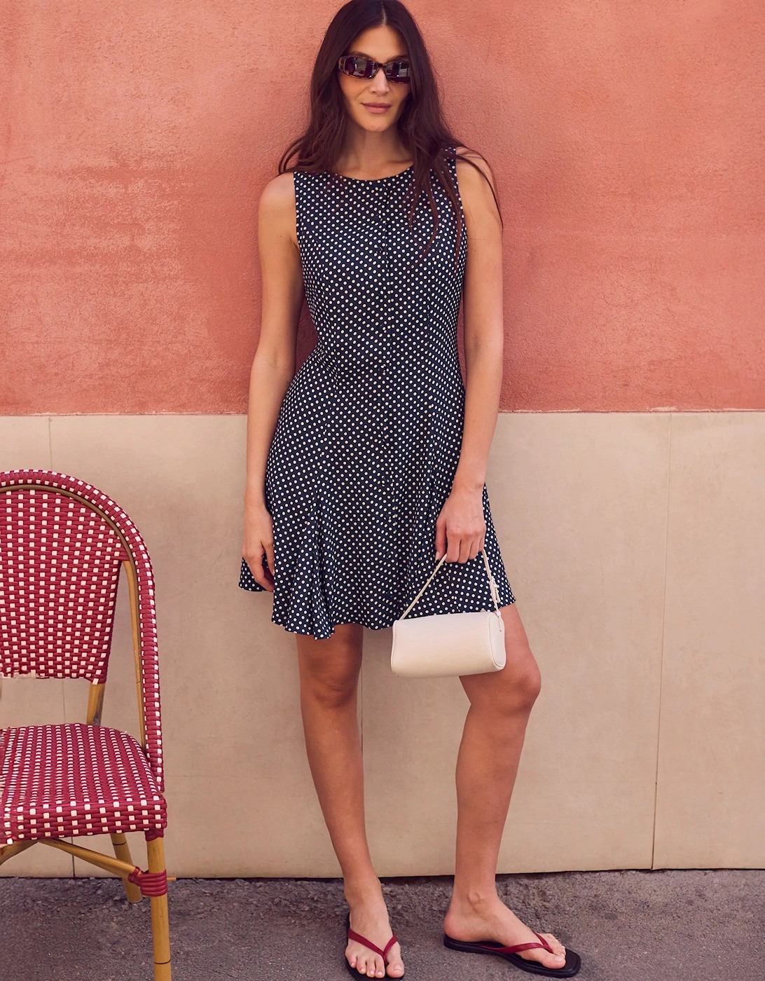 Navy Polka Dot Godet Mini Dress
