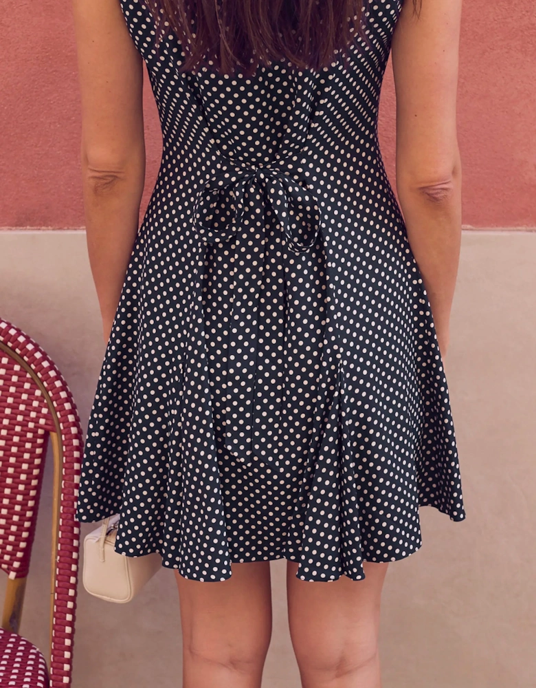 Navy Polka Dot Godet Mini Dress