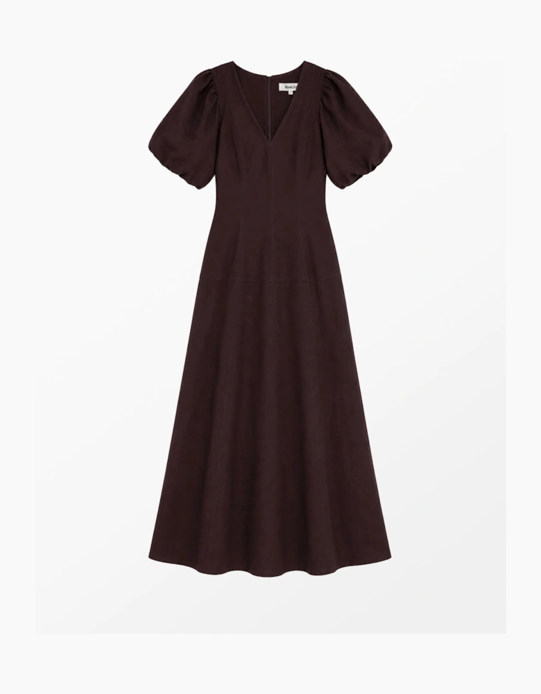 Chocolate-Brown Puff-Sleeve Midi Dress