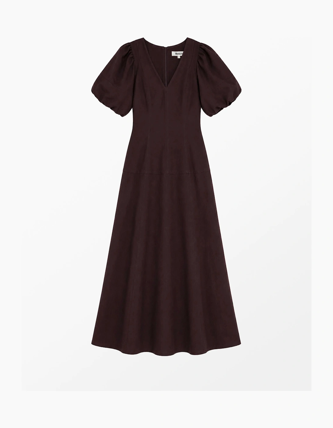 Chocolate-Brown Puff-Sleeve Midi Dress