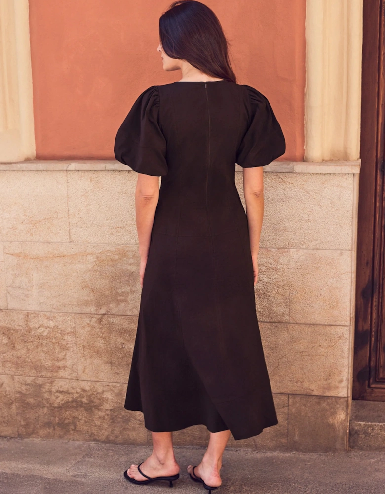 Chocolate-Brown Puff-Sleeve Midi Dress