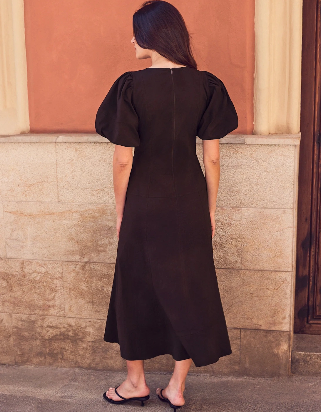 Chocolate-Brown Puff-Sleeve Midi Dress