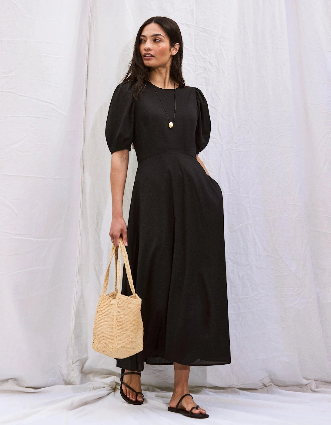 Black Cotton Voile Seam Waist Dress