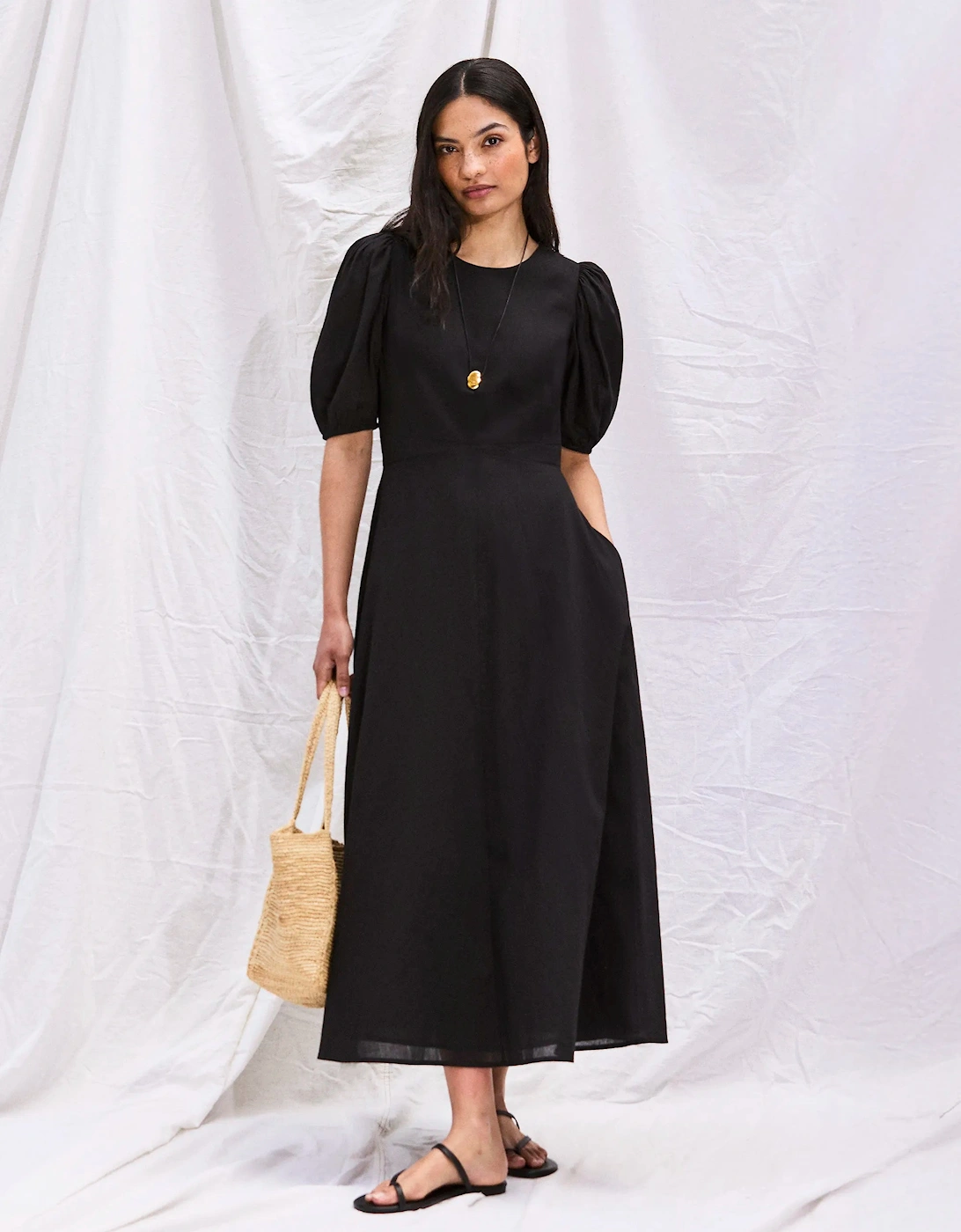 Black Cotton Voile Seam Waist Dress