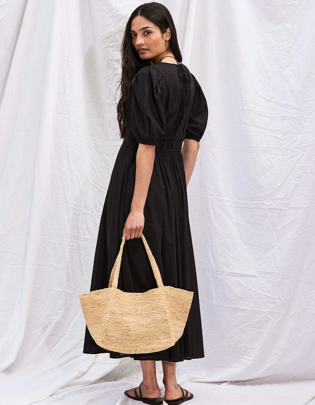 Black Cotton Voile Seam Waist Dress