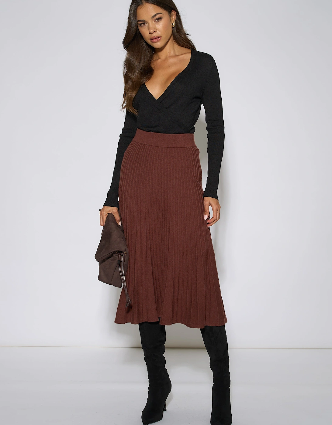 Brown Pleat Detail Knitted Flared Midi Skirt