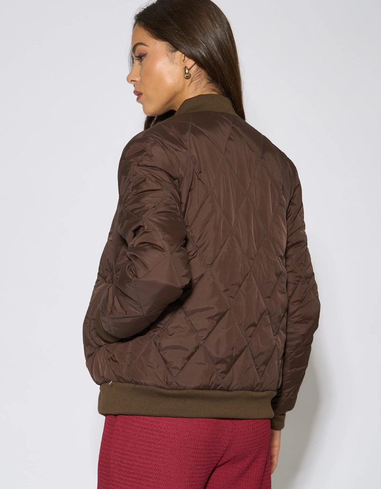 Brown Rib Trim Puffer Bomber Jacket
