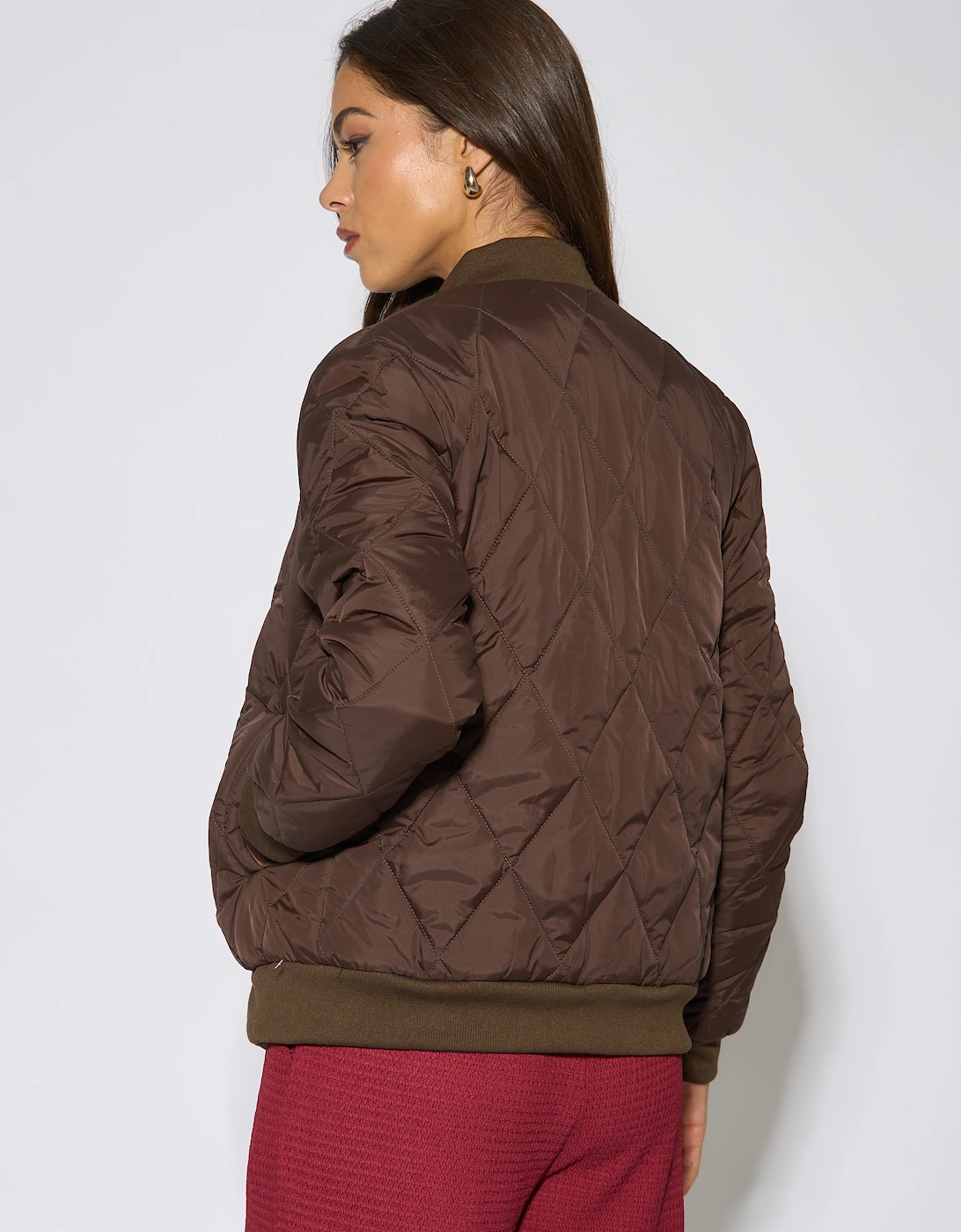 Brown Rib Trim Puffer Bomber Jacket
