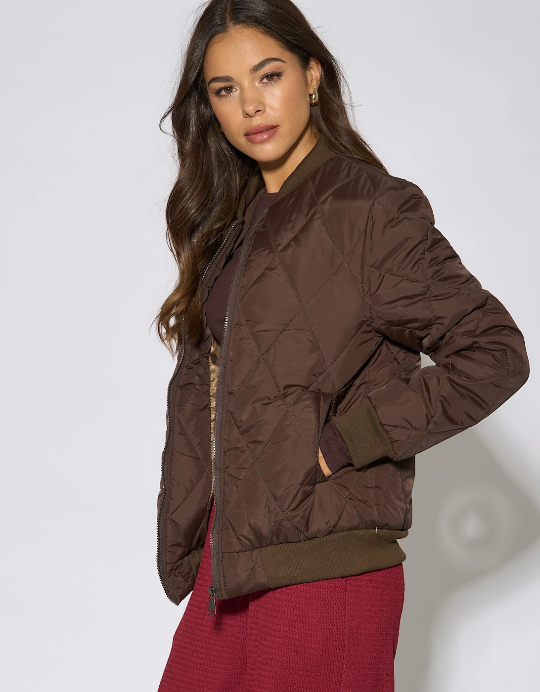 Brown Rib Trim Puffer Bomber Jacket