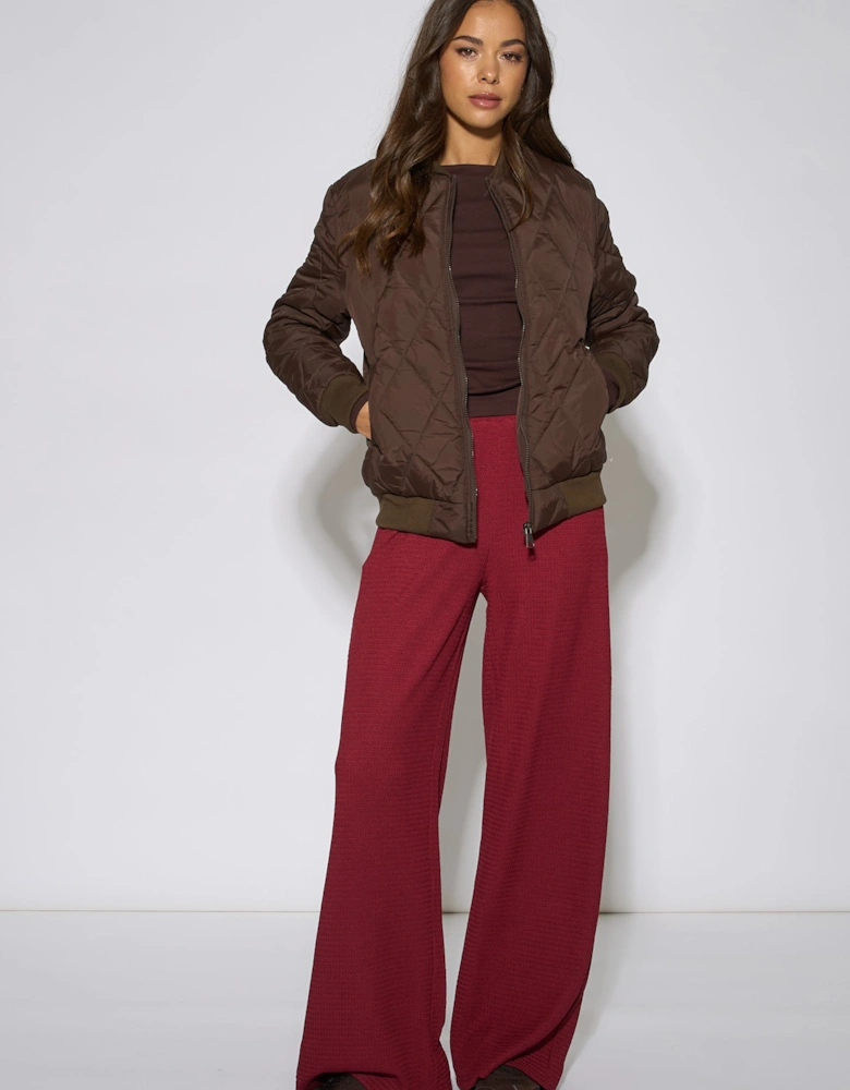 Brown Rib Trim Puffer Bomber Jacket