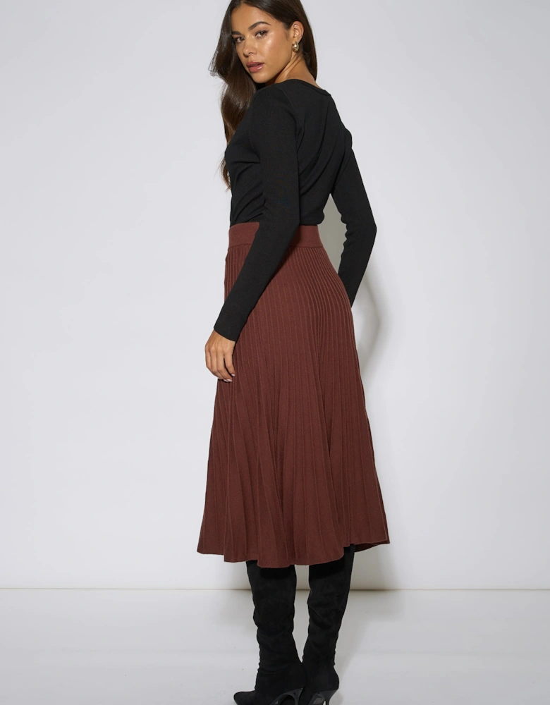 Brown Pleat Detail Knitted Flared Midi Skirt