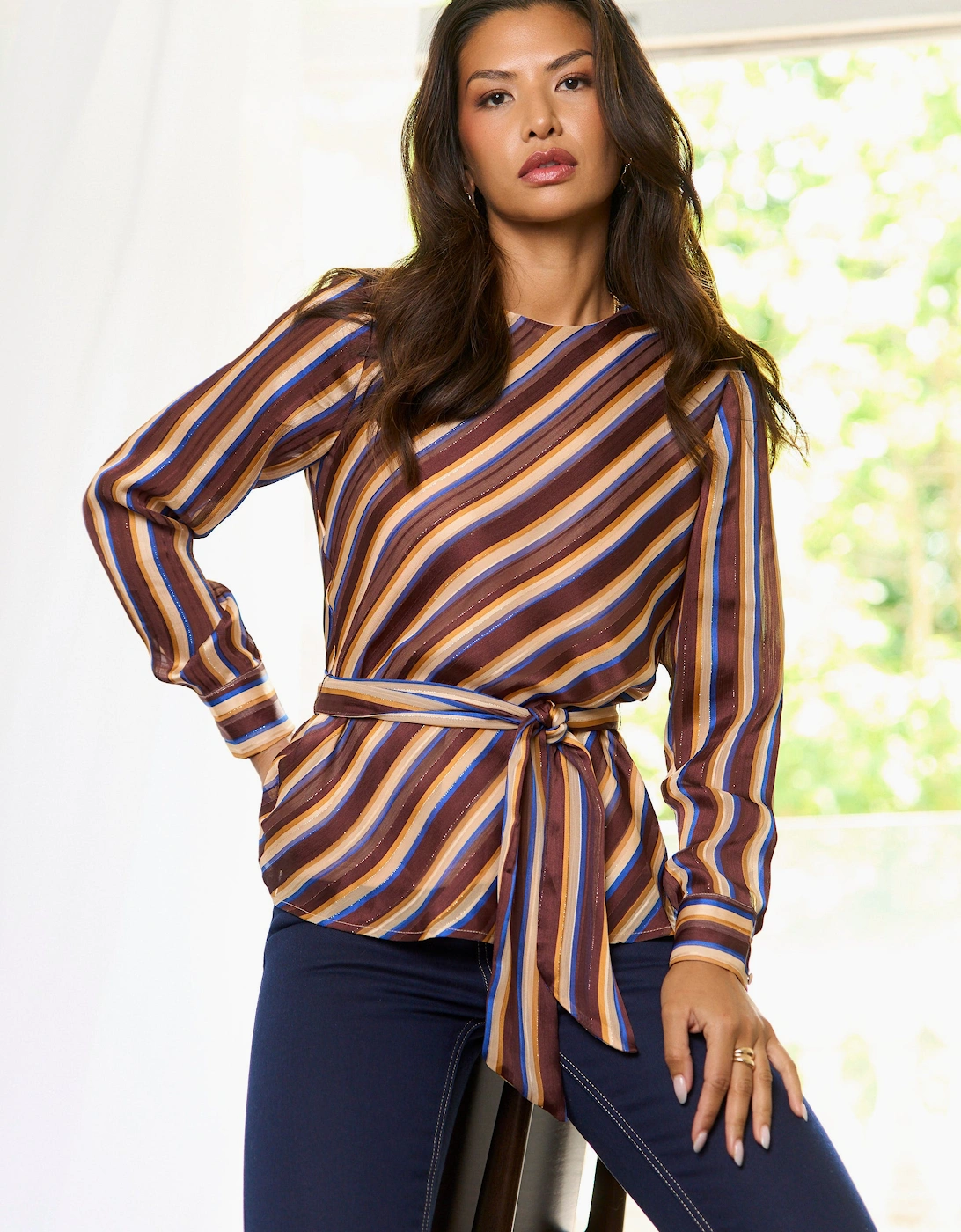 Brown Diagonal Stripe Sparkle Belted Blouse