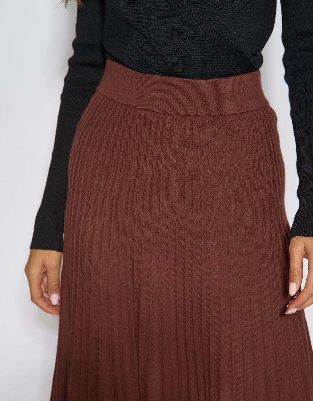 Brown Pleat Detail Knitted Flared Midi Skirt