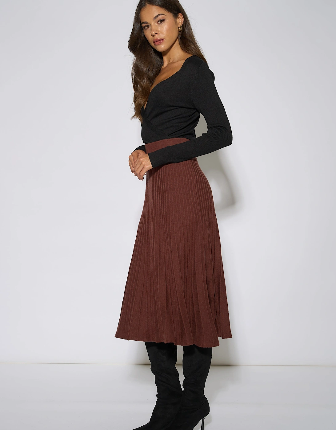 Brown Pleat Detail Knitted Flared Midi Skirt