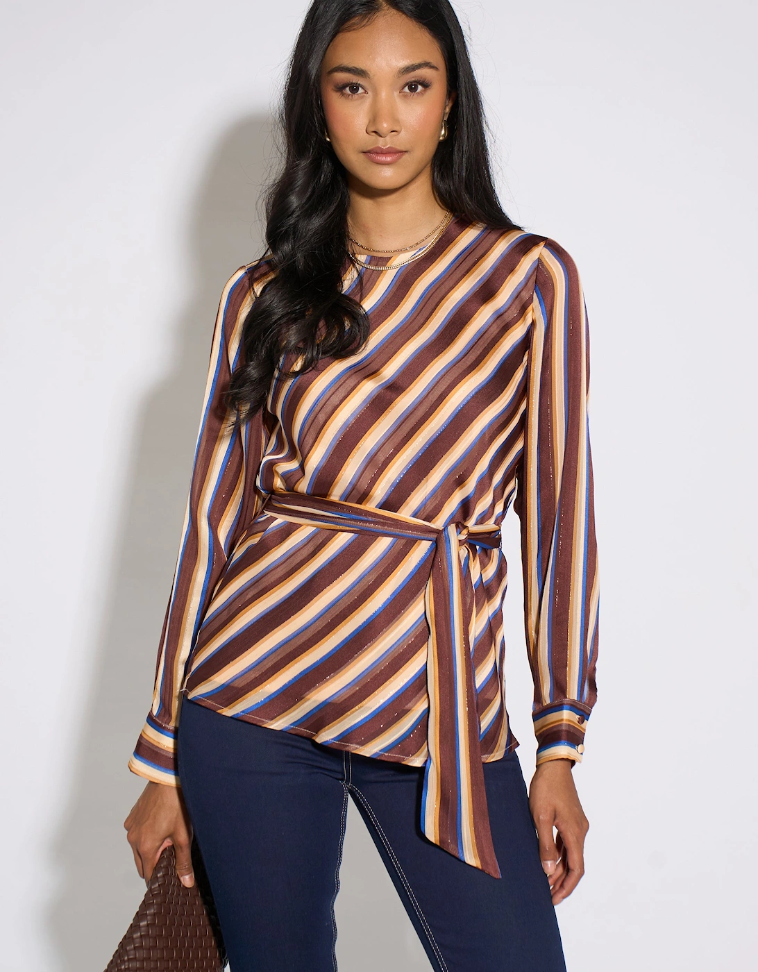 Brown Diagonal Stripe Sparkle Belted Blouse