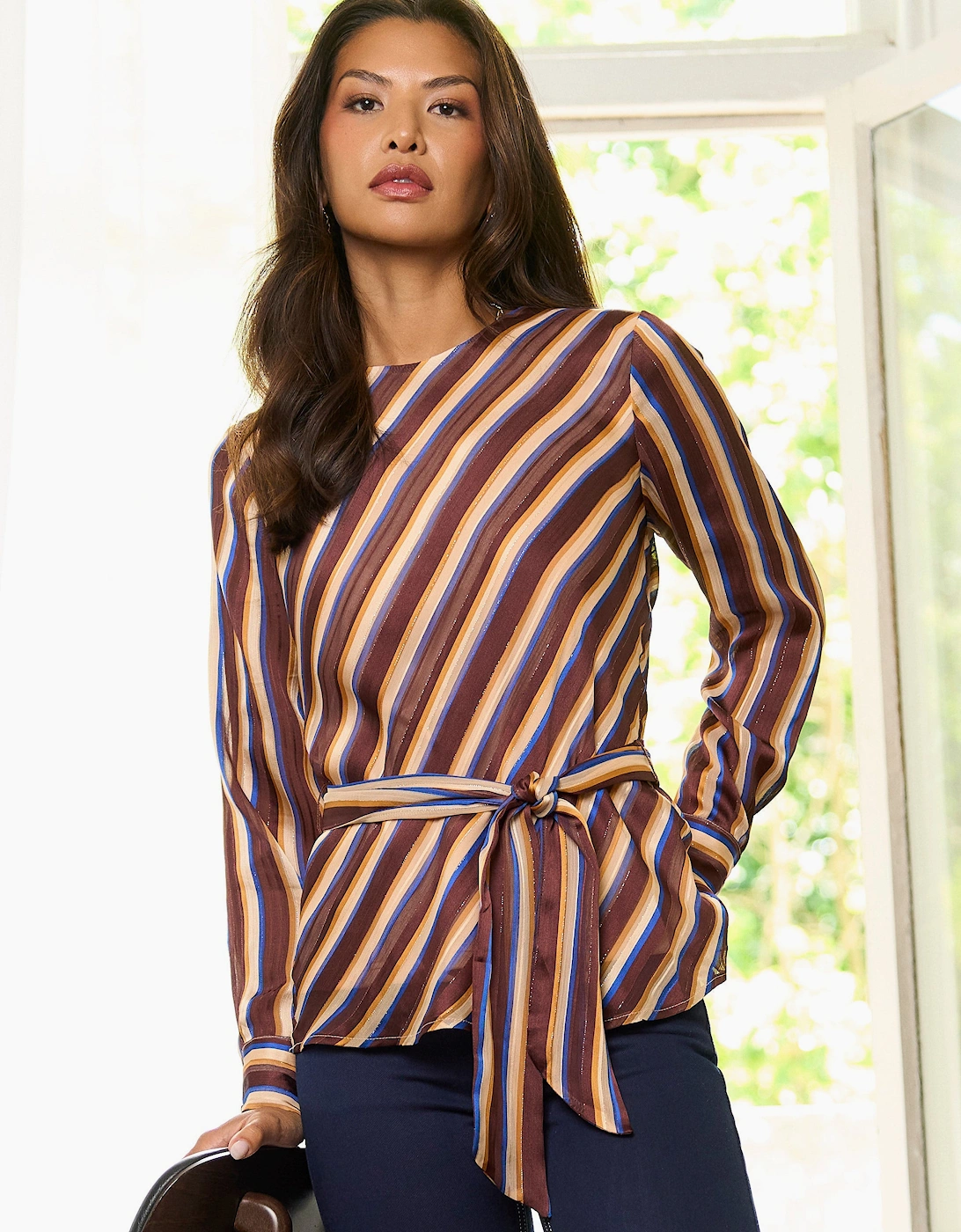 Brown Diagonal Stripe Sparkle Belted Blouse