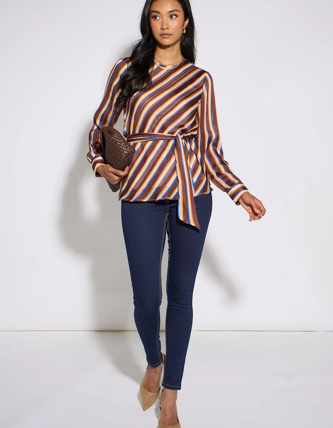 Brown Diagonal Stripe Sparkle Belted Blouse