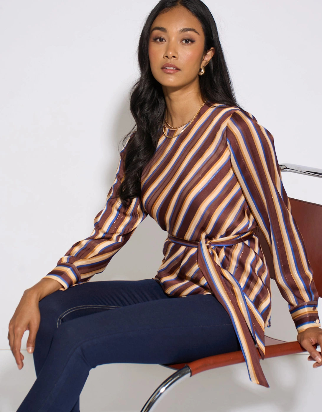 Brown Diagonal Stripe Sparkle Belted Blouse
