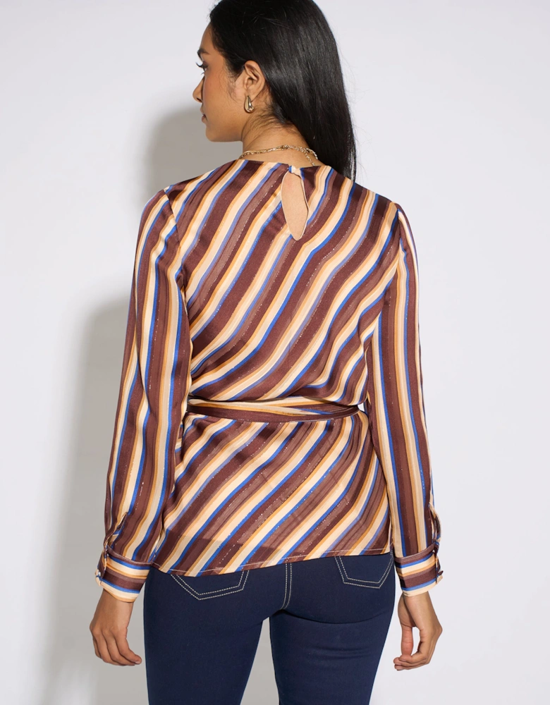 Brown Diagonal Stripe Sparkle Belted Blouse