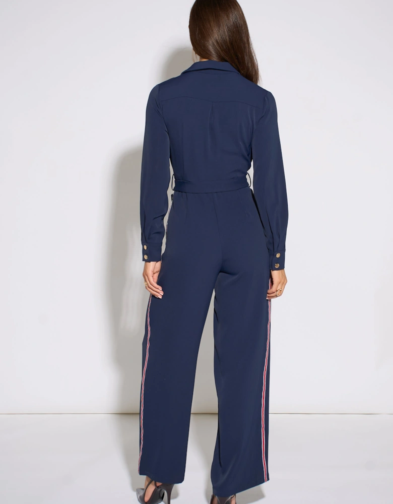 Navy Long Sleeve Side Strip Detail Jumpsuit