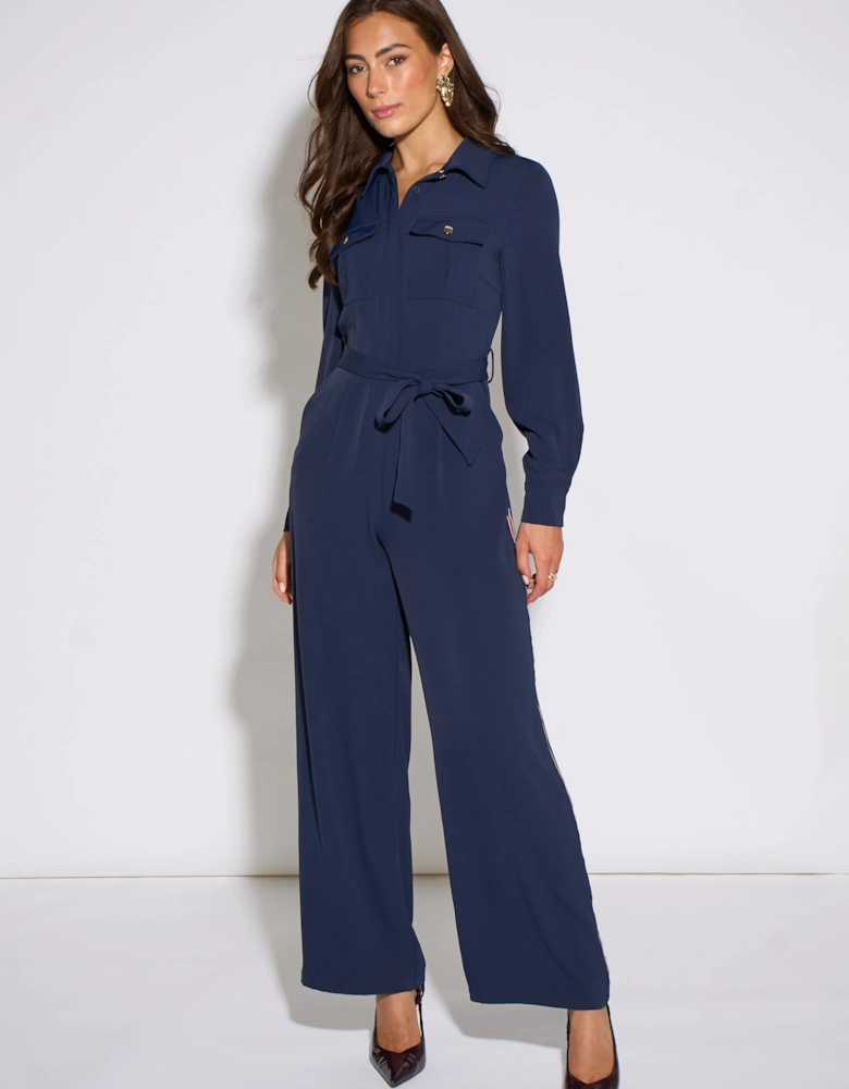 Navy Long Sleeve Side Strip Detail Jumpsuit