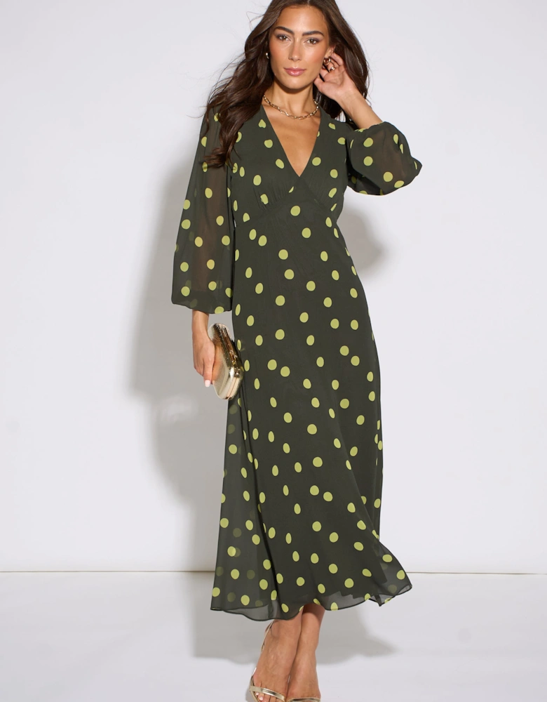 Green Lime Spot V Neck Midi Dress