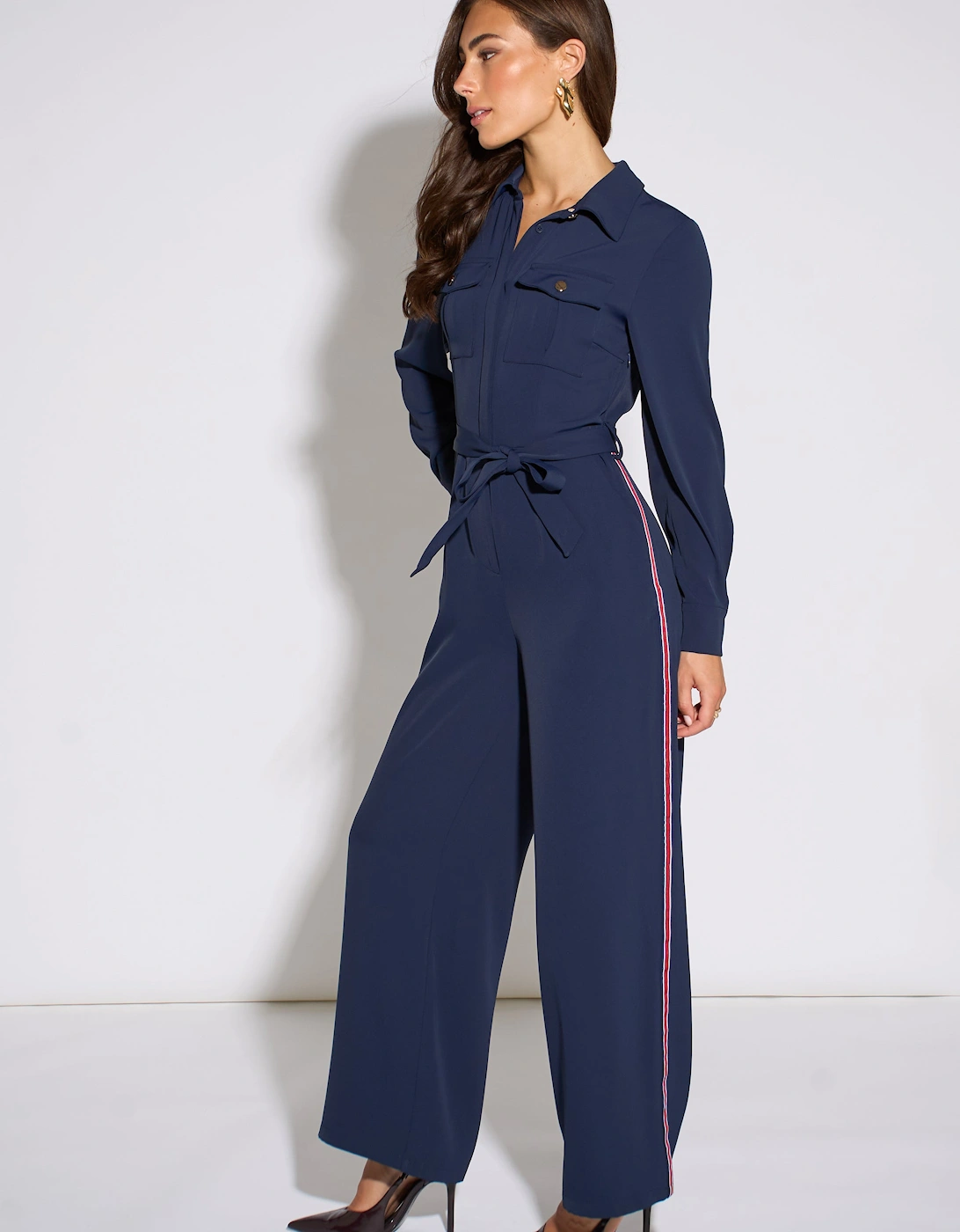 Navy Long Sleeve Side Strip Detail Jumpsuit