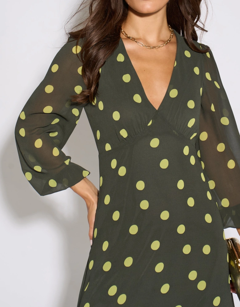 Green Lime Spot V Neck Midi Dress