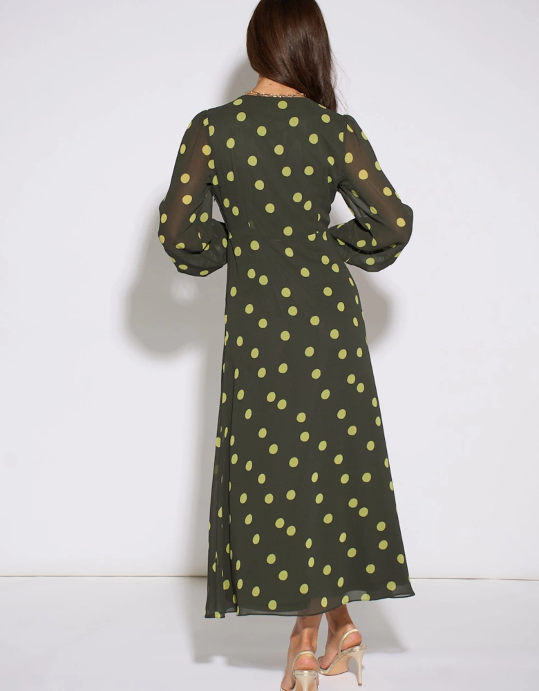 Green Lime Spot V Neck Midi Dress
