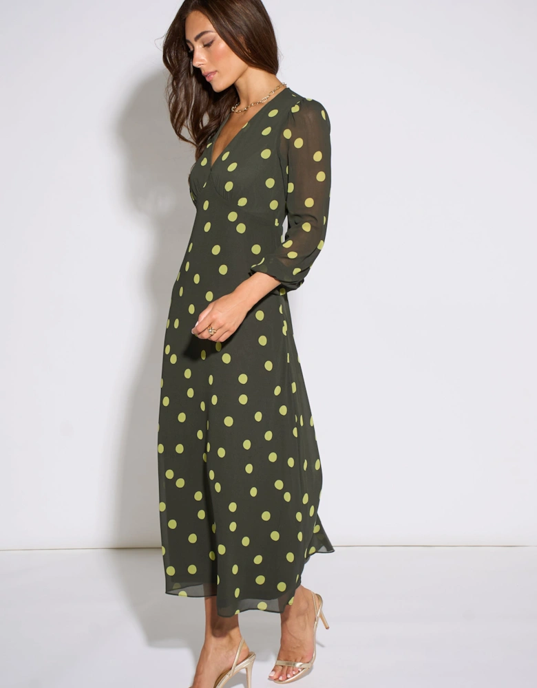 Green Lime Spot V Neck Midi Dress